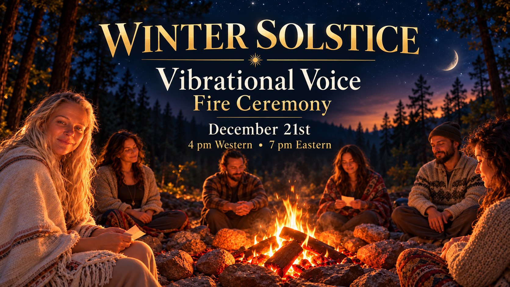 Winter Solstice Vibrational Voice Fire Ceremony, December 21st, 4pm Pacific, 7pm Eastern: a circle of people around a fire in a forest under the night sky